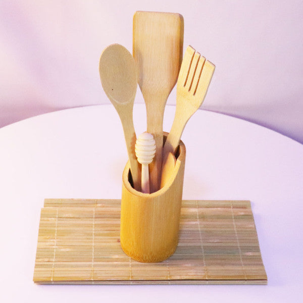 6 In 1 Wooden High Quality Bamboo Vintage Style Smooth Finished Polished Utensils Kitchen Essential Spatula Set Dinner Table Bamboo Cutlery Spoons Set With Sushi Mat