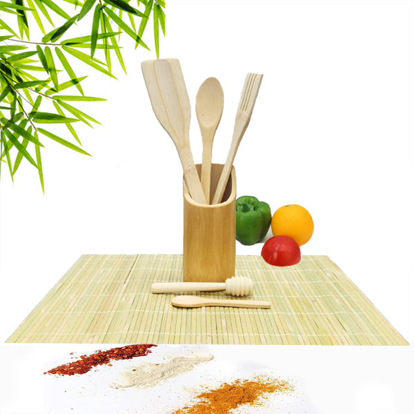 6 In 1 Wooden High Quality Bamboo Vintage Style Smooth Finished Polished Utensils Kitchen Essential Spatula Set Dinner Table Bamboo Cutlery Spoons Set With Sushi Mat