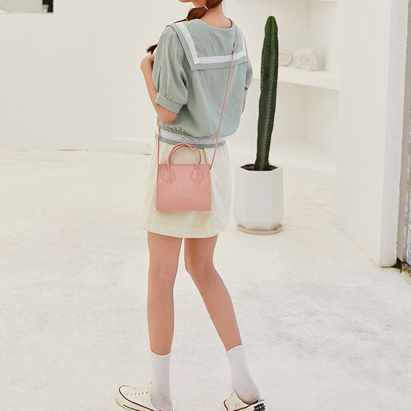Shoulder Strap Crocodile Pattern Small Bags Women Fashion Office Mini Handbag - Pink