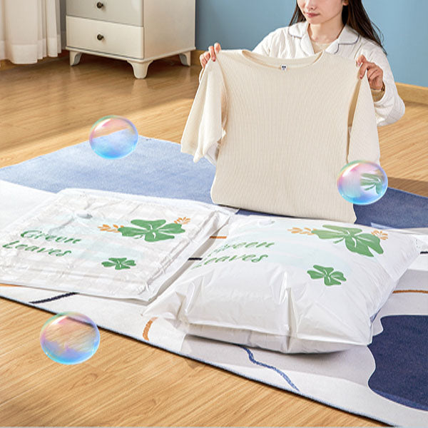 Leaves Print Vacuum Compression Large Thick Coat Multipurpose Space Saving Vacuum Storage Bags - 80 x 100cm - White Green