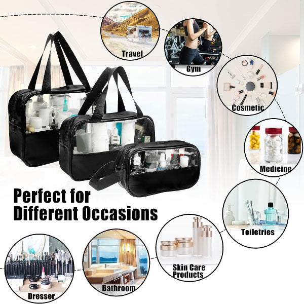 Portable Travel Bags 3PCs Double Handle Makeup & Cosmetics Storage Wide Space Personal Accessories Water Resistant & Stylish Synthetic Leather Design - Shop N Save