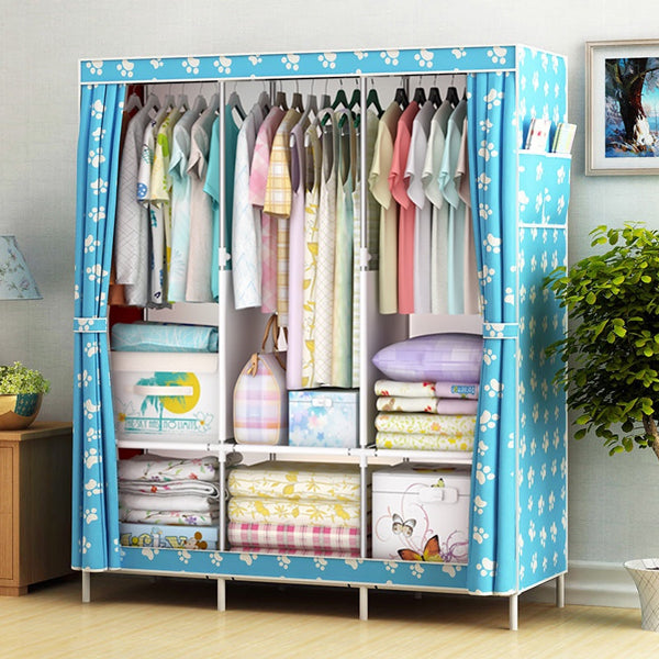 Canvas Wardrobe Organizer Space-Saving Foldable Large Size Clothing Storage Rack - Blue