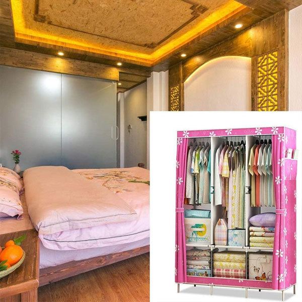 Canvas Wardrobe Organizer Space-Saving Foldable Large Size Clothing Storage Rack - Pink
