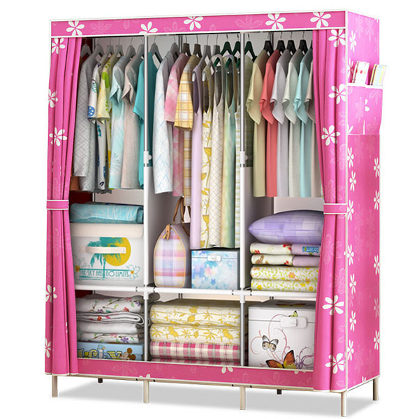 Canvas Wardrobe Organizer Space-Saving Foldable Large Size Clothing Storage Rack - Pink