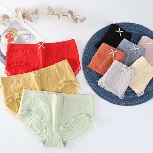 Romantic Lace French Cut Panties Slim Fit Elastic High Waist Underwear for Women - Yellow