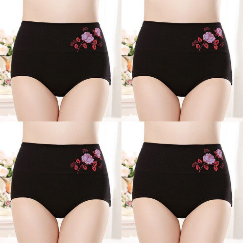 High Elastic Waist Floral Print Girls Panty Brief Women Undergarments Soft Fabric Underwear - Black - Shop N Save