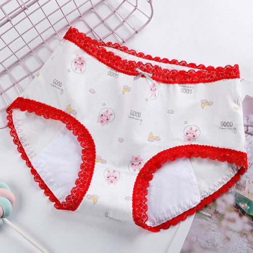 Printed Women Underwear High Waist Elastic Undergarments Lace Patched Breathable Soft Fabric Panty - White Red - Shop N Save