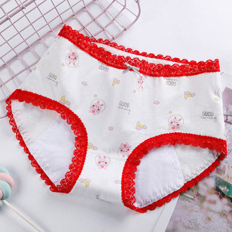 Printed Women Underwear High Waist Elastic Undergarments Lace Patched Breathable Soft Fabric Panty - White Red - Shop N Save
