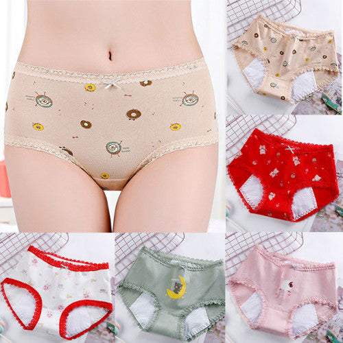 Printed Women Underwear High Waist Elastic Undergarments Lace Patched Breathable Soft Fabric Panty - Red - Shop N Save