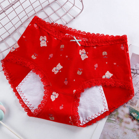 Printed Women Underwear High Waist Elastic Undergarments Lace Patched Breathable Soft Fabric Panty - Red - Shop N Save