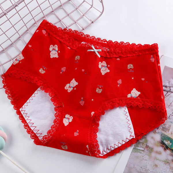 Printed Women Underwear High Waist Elastic Undergarments Lace Patched Breathable Soft Fabric Panty - Red - Shop N Save