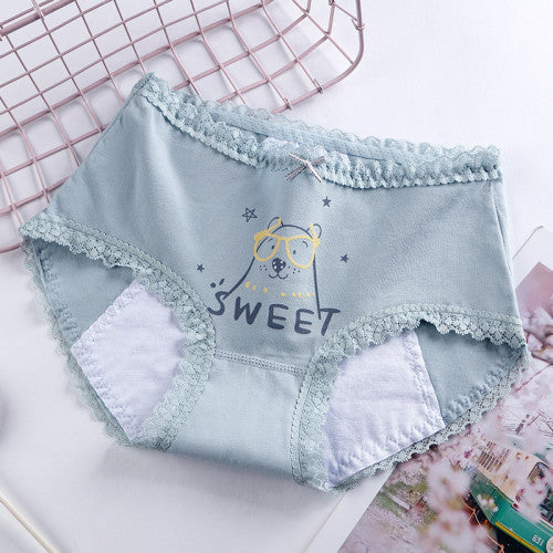 Printed Women Underwear High Waist Elastic Undergarments Lace Patched Breathable Soft Fabric Panty - Light Blue - Shop N Save