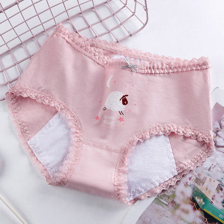 Printed Women Underwear High Waist Elastic Undergarments Lace Patched Breathable Soft Fabric Panty - Light Pink - Shop N Save