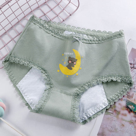 Printed Women Underwear High Waist Elastic Undergarments Lace Patched Breathable Soft Fabric Panty - Light Green - Shop N Save