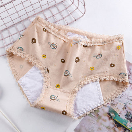 Printed Women Underwear High Waist Elastic Undergarments Lace Patched Breathable Soft Fabric Panty - Multi Color - Shop N Save