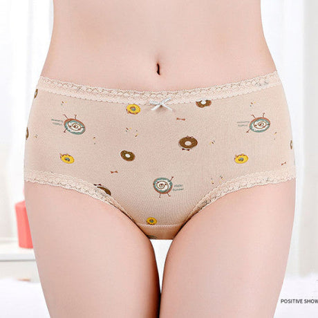 Printed Women Underwear High Waist Elastic Undergarments Lace Patched Breathable Soft Fabric Panty - Multi Color - Shop N Save