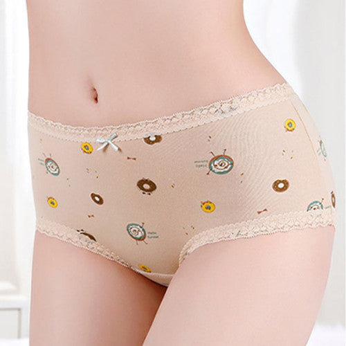 Printed Women Underwear High Waist Elastic Undergarments Lace Patched Breathable Soft Fabric Panty - Multi Color - Shop N Save