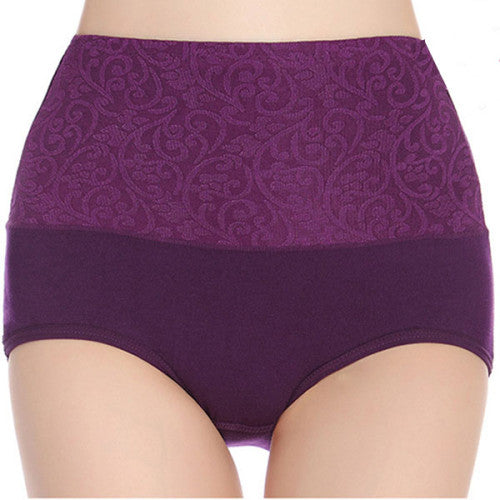 Floral Embossed Print High Elastic Waist Underwear Women Summer Wear Inner Soft Comfy Fabric Women's Panty - Purple - Shop N Save