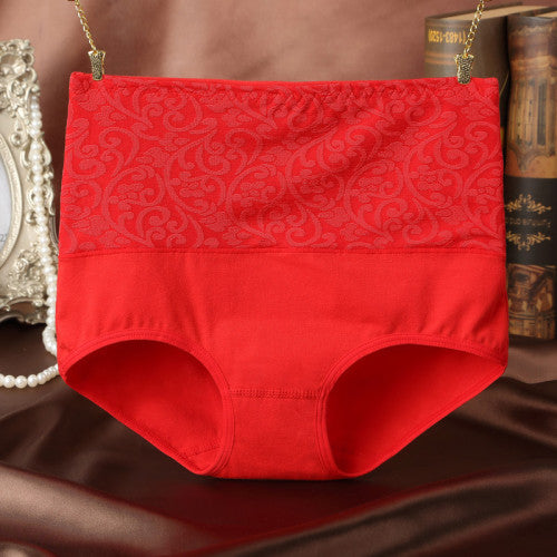 Floral Embossed Print High Elastic Waist Underwear Women Summer Wear Inner Soft Comfy Fabric Women's Panty - Red - Shop N Save