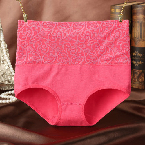 Floral Embossed Print High Elastic Waist Underwear Women Summer Wear Inner Soft Comfy Fabric Women's Panty - Hot Pink - Shop N Save