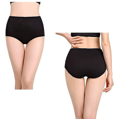 Floral Embossed Print High Elastic Waist Underwear Women Summer Wear Inner Soft Comfy Fabric Women's Panty - Black - Shop N Save