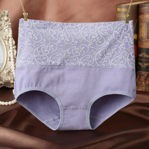 Floral Embossed Print High Elastic Waist Underwear Women Summer Wear Inner Soft Comfy Fabric Women's Panty - Dark Purple - Shop N Save