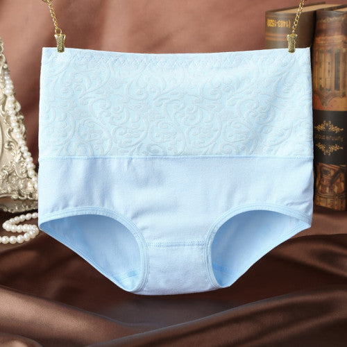 Floral Embossed Print High Elastic Waist Underwear Women Summer Wear Inner Soft Comfy Fabric Women's Panty - Light Blue - Shop N Save