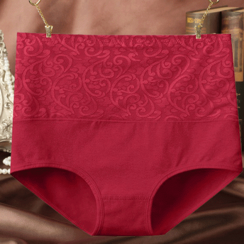 Floral Embossed Print High Elastic Waist Underwear Women Summer Wear Inner Soft Comfy Fabric Women's Panty - Wine Red - Shop N Save
