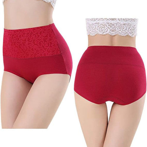 Floral Embossed Print High Elastic Waist Underwear Women Summer Wear Inner Soft Comfy Fabric Women's Panty - Wine Red - Shop N Save