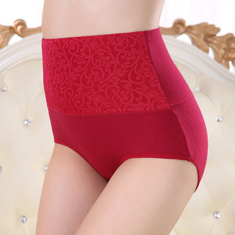 Floral Embossed Print High Elastic Waist Underwear Women Summer Wear Inner Soft Comfy Fabric Women's Panty - Wine Red - Shop N Save