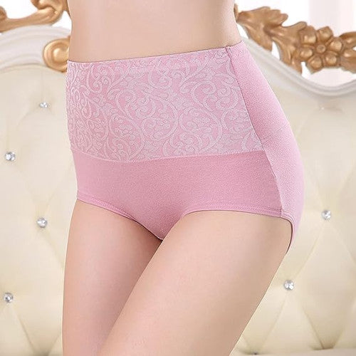 Floral Embossed Print High Elastic Waist Underwear Women Summer Wear Inner Soft Comfy Fabric Women's Panty - Pink - Shop N Save