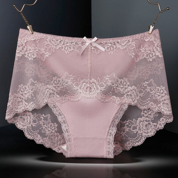 Luxurious Lace High Waist Wedding Underwear Soft Cotton Blends Floral Embroidered Bow Patch - Light Pink - Shop N Save