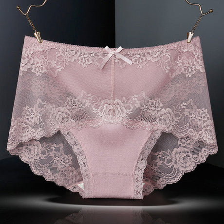 Luxurious Lace High Waist Wedding Underwear Soft Cotton Blends Floral Embroidered Bow Patch - Light Pink - Shop N Save