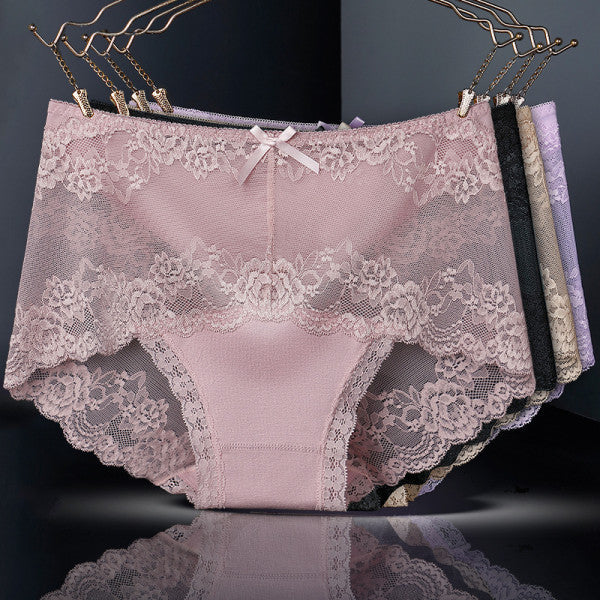 Luxurious Lace High Waist Wedding Underwear Soft Cotton Blends Floral Embroidered Bow Patch - Light Pink - Shop N Save