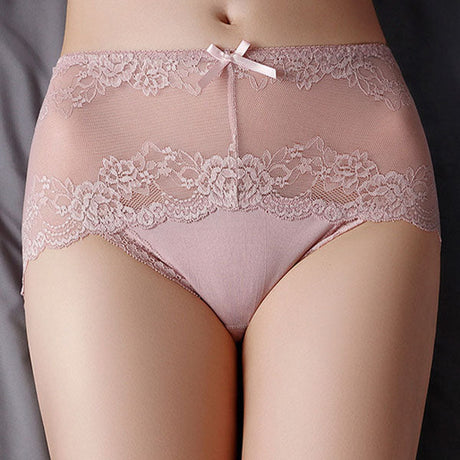 Luxurious Lace High Waist Wedding Underwear Soft Cotton Blends Floral Embroidered Bow Patch - Light Pink - Shop N Save