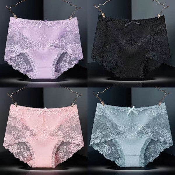 Luxurious Lace High Waist Wedding Underwear Soft Cotton Blends Floral Embroidered Bow Patch - Pink - Shop N Save