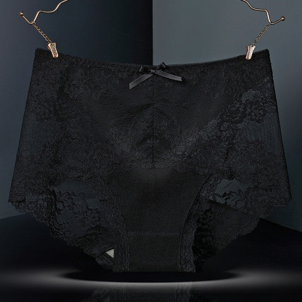 Luxurious Lace High Waist Wedding Underwear Soft Cotton Blends Floral Embroidered Bow Patch - Black - Shop N Save