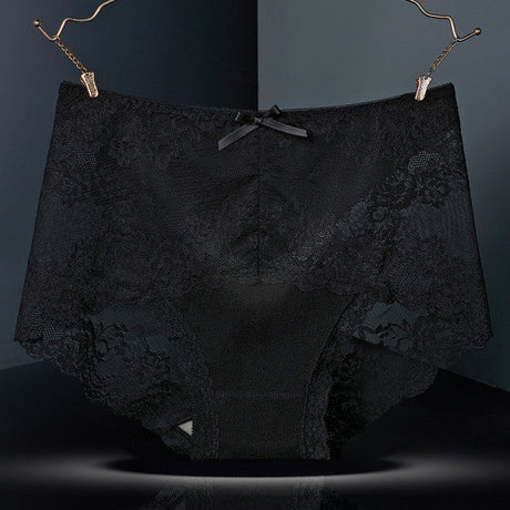 Luxurious Lace High Waist Wedding Underwear Soft Cotton Blends Floral Embroidered Bow Patch - Black - Shop N Save