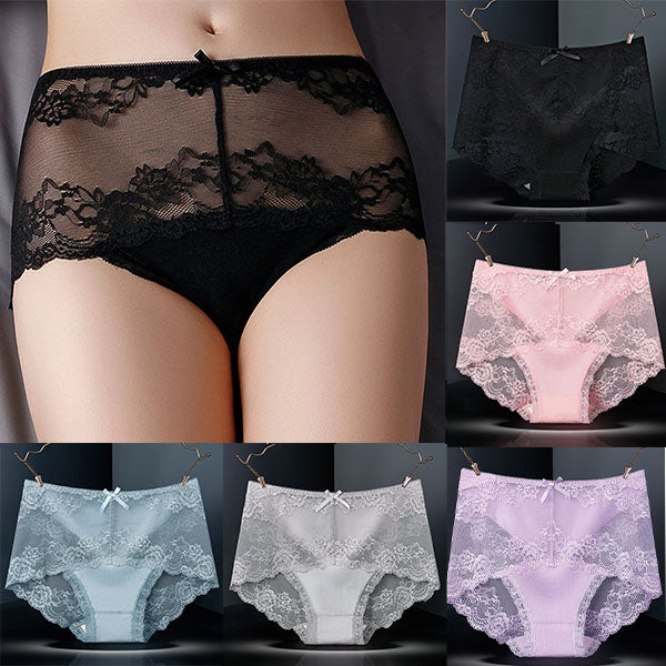 Luxurious Lace High Waist Wedding Underwear Soft Cotton Blends Floral Embroidered Bow Patch - Pink - Shop N Save