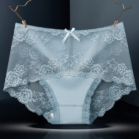 Luxurious Lace High Waist Wedding Underwear Soft Cotton Blends Floral Embroidered Bow Patch - Ice Lake Blue - Shop N Save