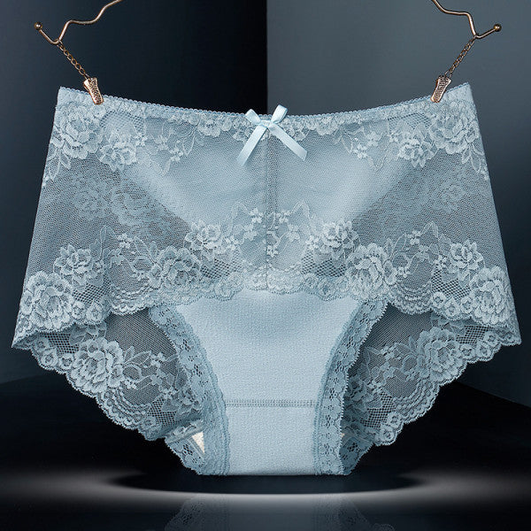 Luxurious Lace High Waist Wedding Underwear Soft Cotton Blends Floral Embroidered Bow Patch - Ice Lake Blue - Shop N Save