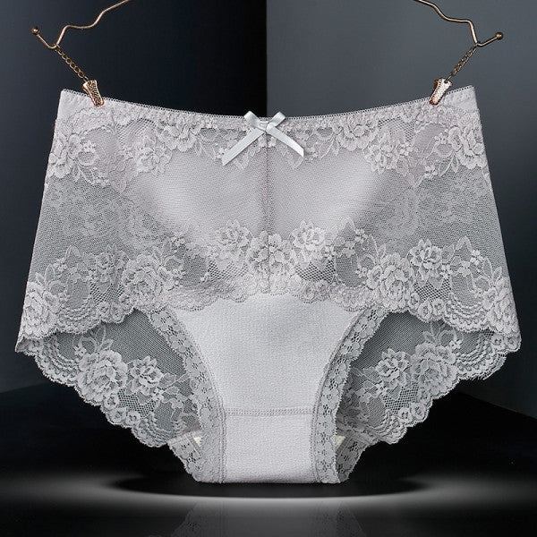 Luxurious Lace High Waist Wedding Underwear Soft Cotton Blends Floral Embroidered Bow Patch - Gray - Shop N Save