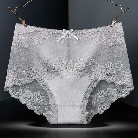 Luxurious Lace High Waist Wedding Underwear Soft Cotton Blends Floral Embroidered Bow Patch - Gray - Shop N Save