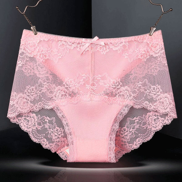 Luxurious Lace High Waist Wedding Underwear Soft Cotton Blends Floral Embroidered Bow Patch - Pink - Shop N Save