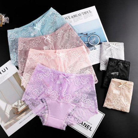 Luxurious Lace High Waist Wedding Underwear Soft Cotton Blends Floral Embroidered Bow Patch - Purple