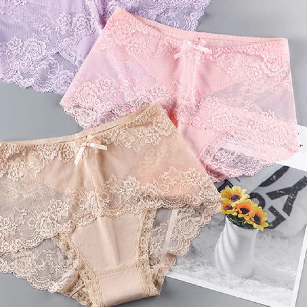 Luxurious Lace High Waist Wedding Underwear Soft Cotton Blends Floral Embroidered Bow Patch - Pink - Shop N Save