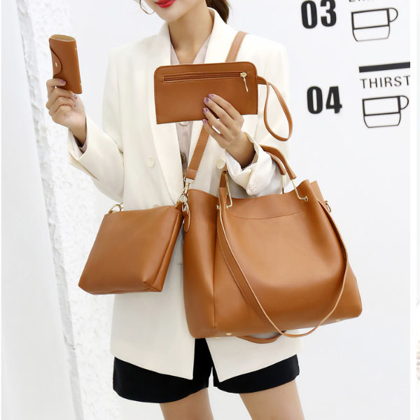 Stylish Brown Synthetic Leather Four Piece Handbag Set with Large Capacity and Adjustable Strap for Casual Office Fashion - Shop N Save