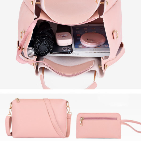 Stylish Pink Synthetic Leather Handbags for Women Large Capacity Adjustable Strap Zipper Closure 4-Piece Set - Shop N Save