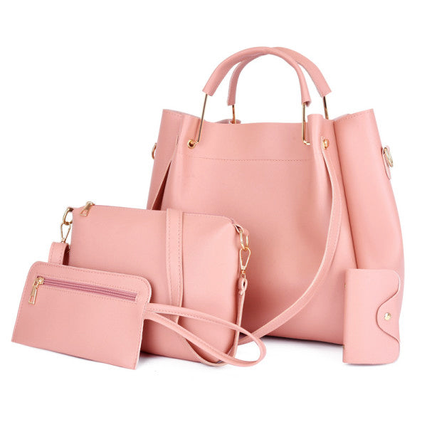 Stylish Pink Synthetic Leather Handbags for Women Large Capacity Adjustable Strap Zipper Closure 4-Piece Set - Shop N Save