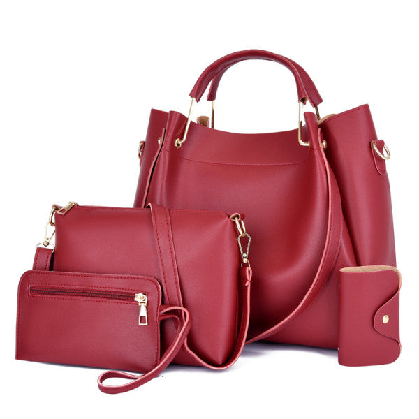 Stylish Wine Red 4Pcs Casual Women Handbags Set Large Capacity Synthetic Leather Adjustable Strap Perfect for Office and Girls - Shop N Save